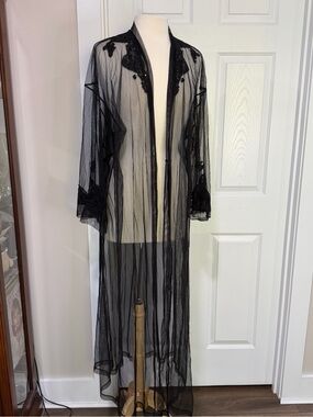 Victoria's Secret Sheer Black Lace-Trim Long Robe